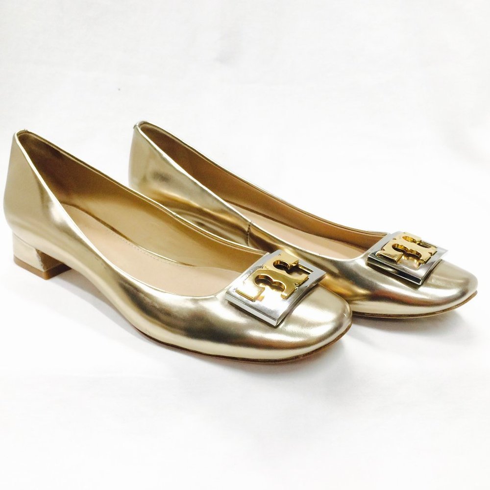 NEW TORY BURCH Gold Logo T Patent Leather Loafers